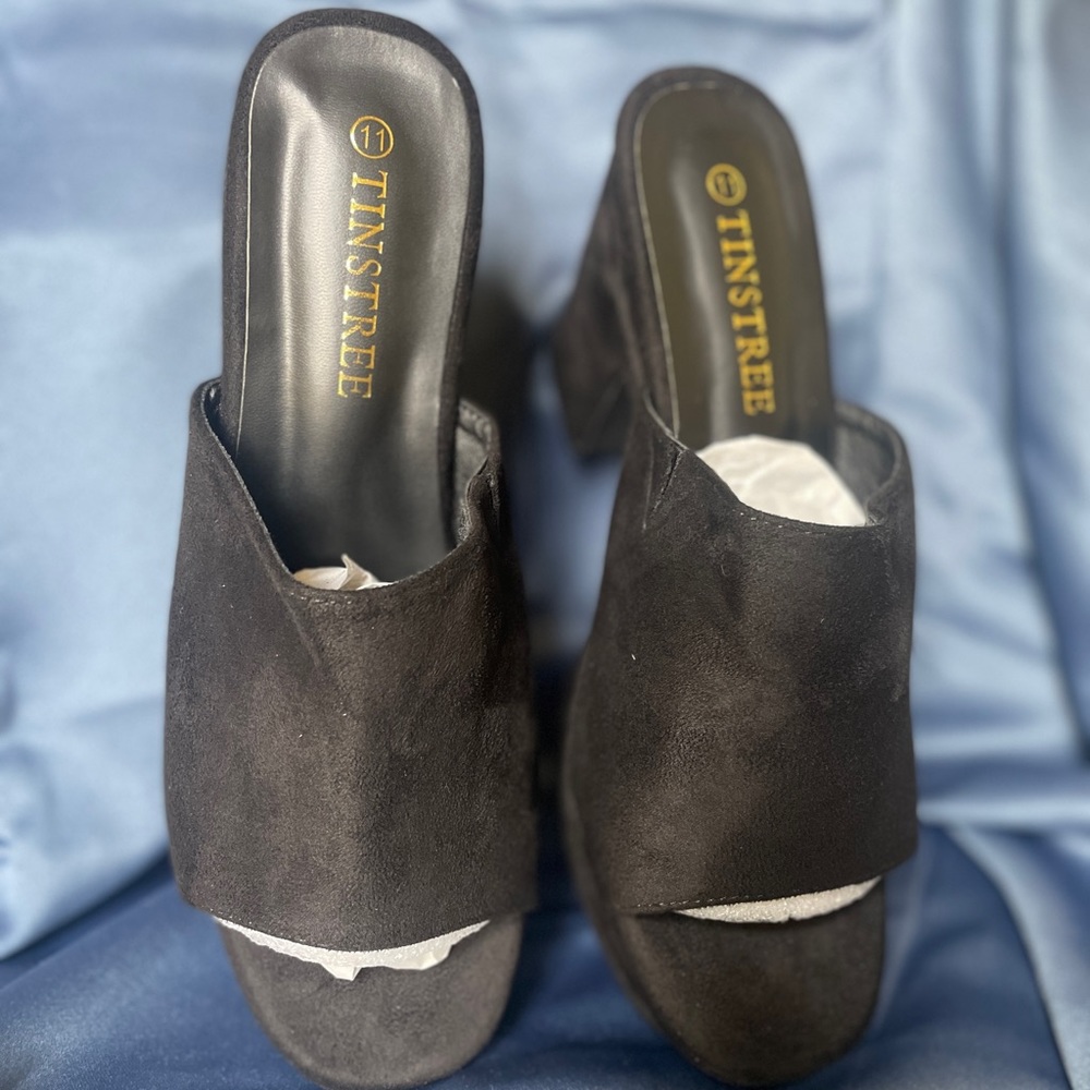 Chunky Platform,Sandals Thick Heel,Black,Wedges,Wedge Heel,11 Size,Faux Suede